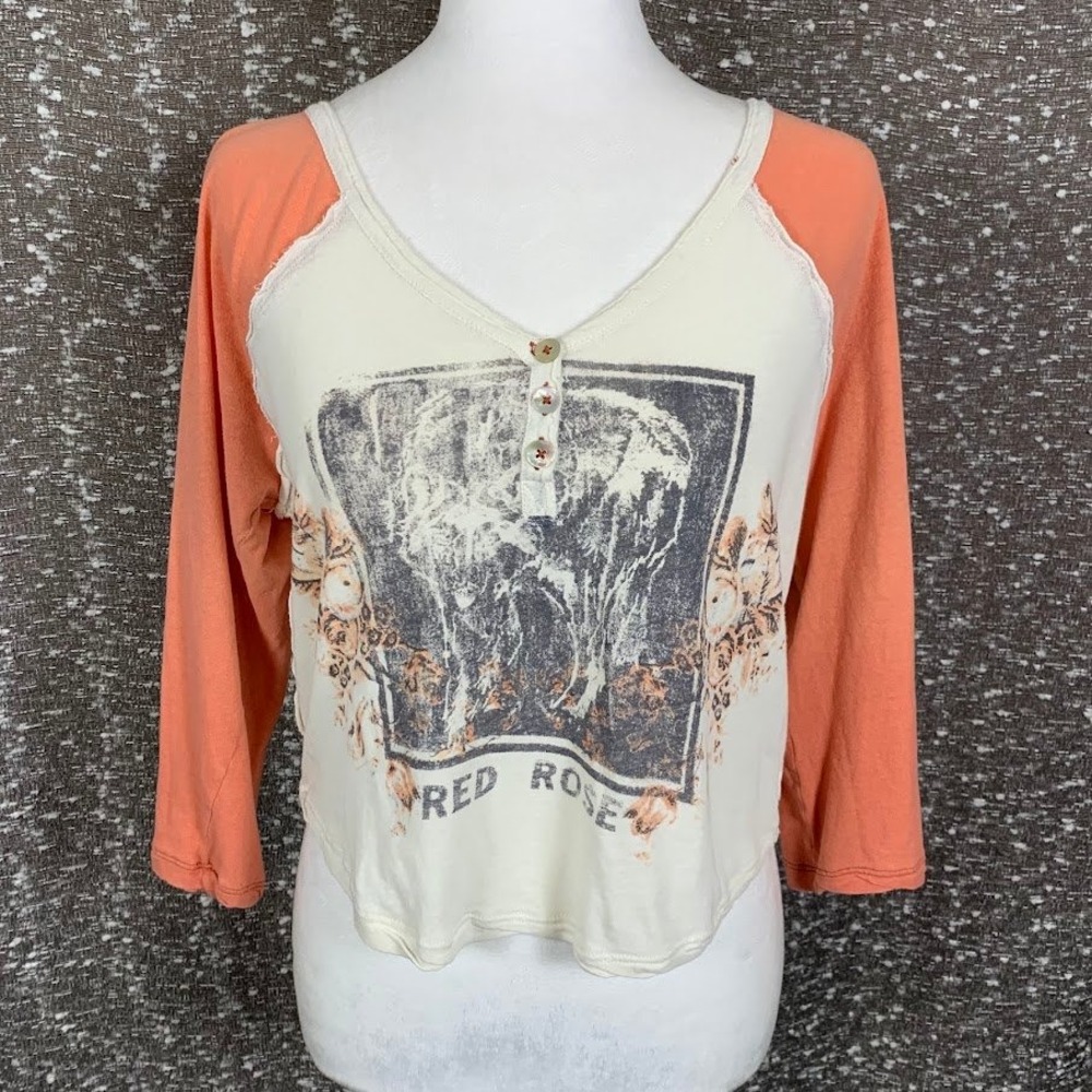 Free People We The Free Red Rose Wolf Cropped Baseball Tee Boho Women's Small